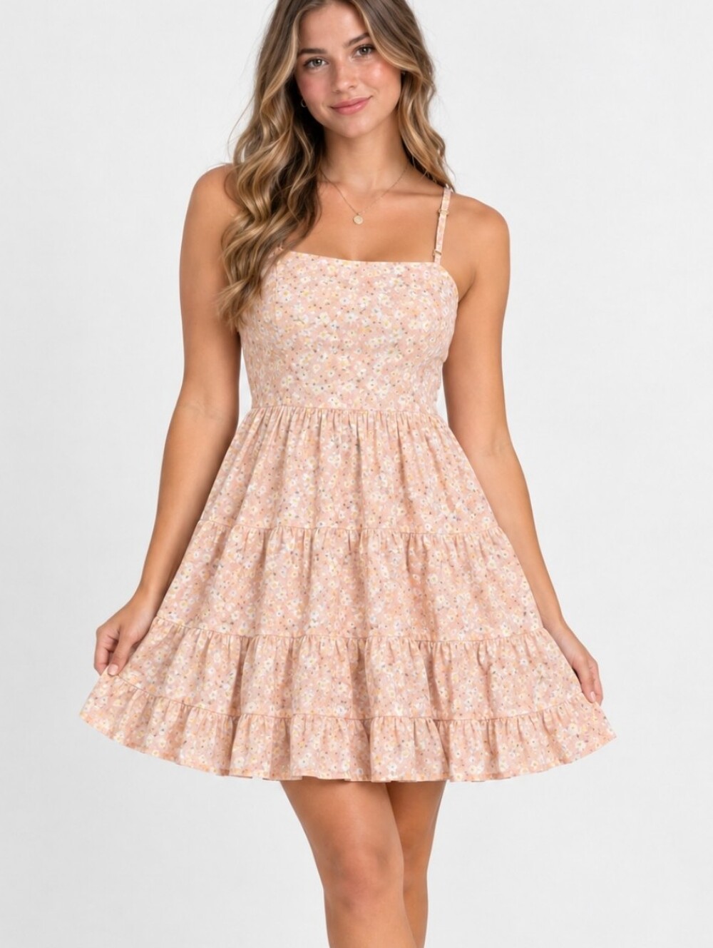 Streetwear Society Peach Floral Tiered Sundress with Adjustable Straps